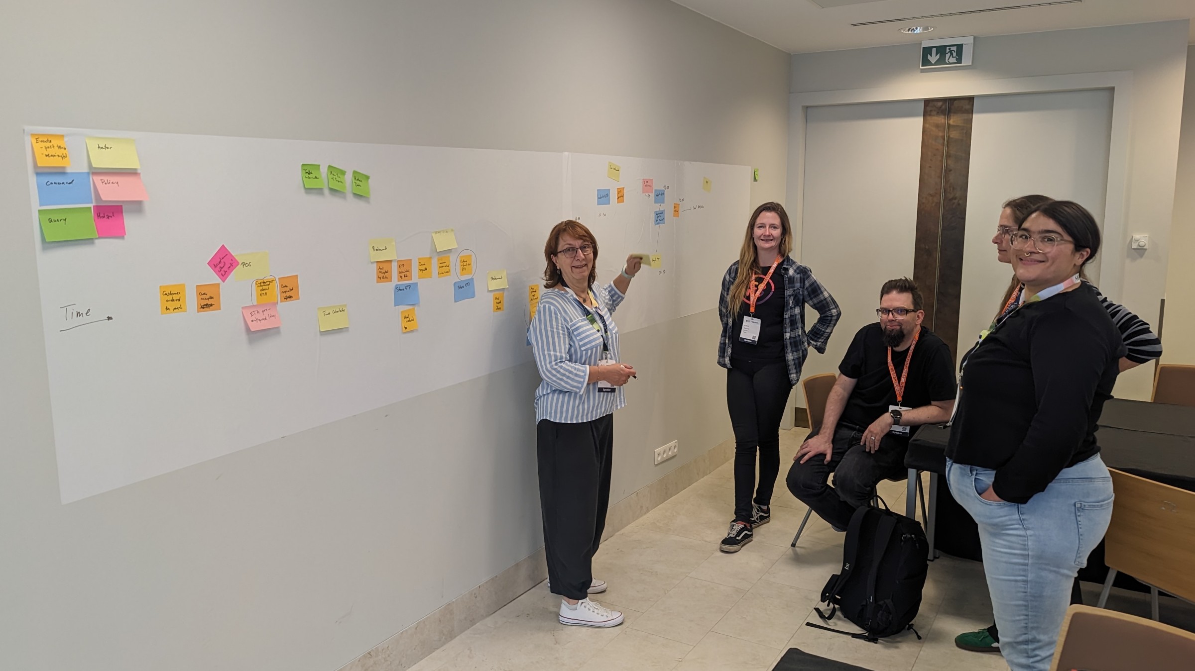 Krisztina Hirth standing in front of a whiteboard with lots of sticky notes, my temporary team mates surrounding her