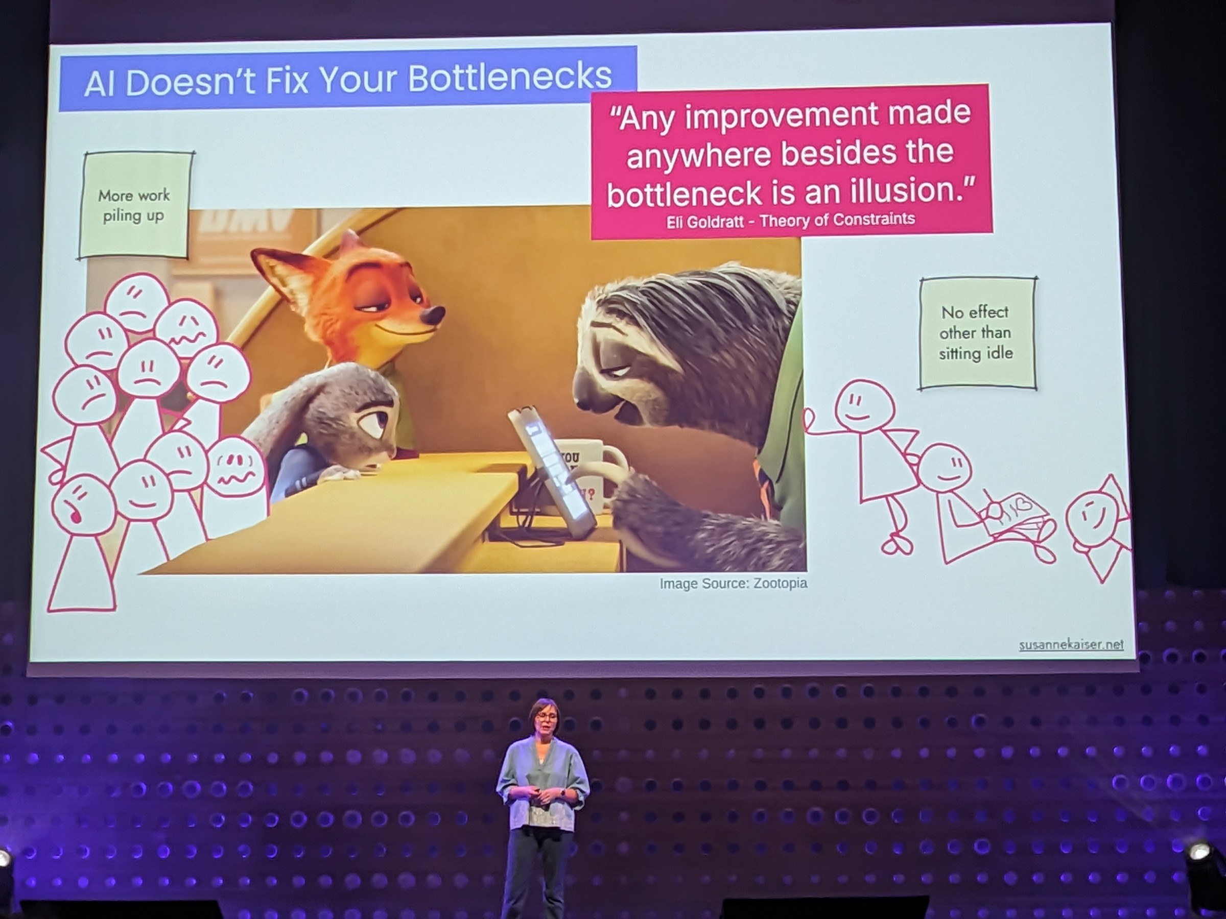 Susanne at the centre bottom in front of a slide saying:
AI doesn't fix your bottlenecks
'Any improvement made anywhere besides the bottleneck is an illusion' Eli Goldratt - Theory of Constraints