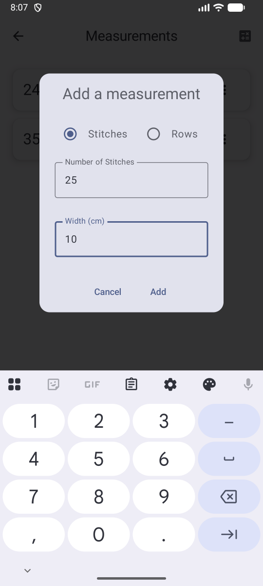Measurements screen